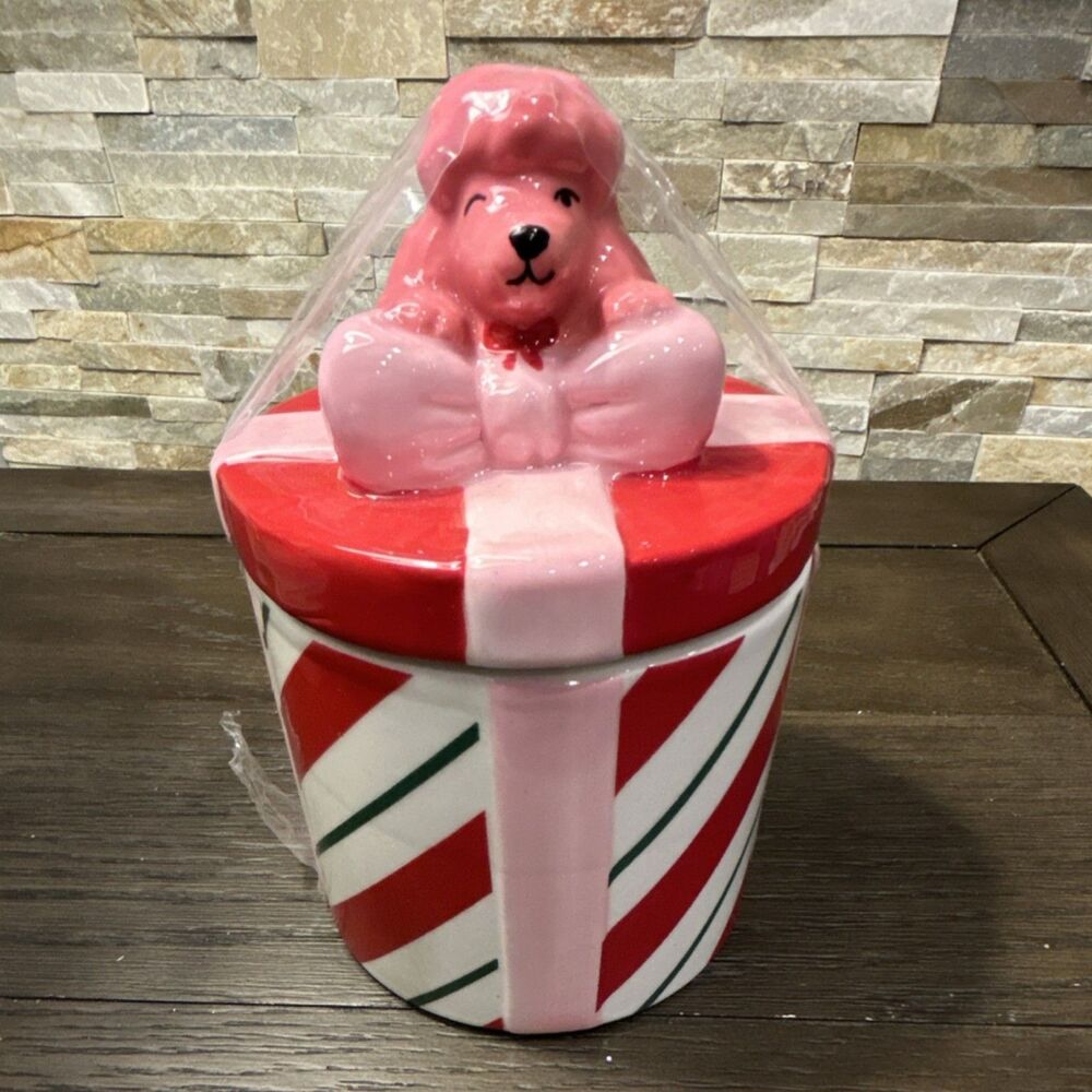 Ashland Berry Jolly Christmas Canister Ceramic Striped Pink Red Green With Lid